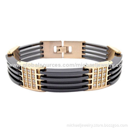 Stainless Steel Bracelets with 48pcs of CZ Stones & Interval of Plating IP Rose Gold & Black Ceramic